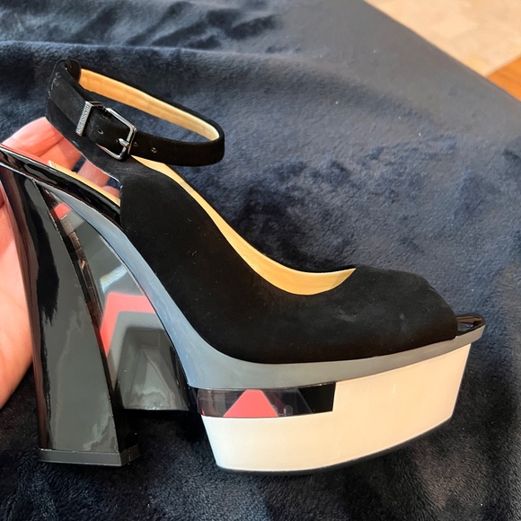 New Giani Bini multicolored wedge Sz 7, lil scuff-suede, black pink gray white - Picture 5 of 8